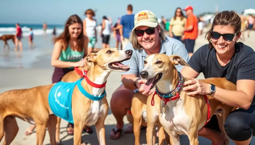Image generation prompt: A heartwarming scene of greyhounds and their owners at the Greyhounds Reach the Beach event.