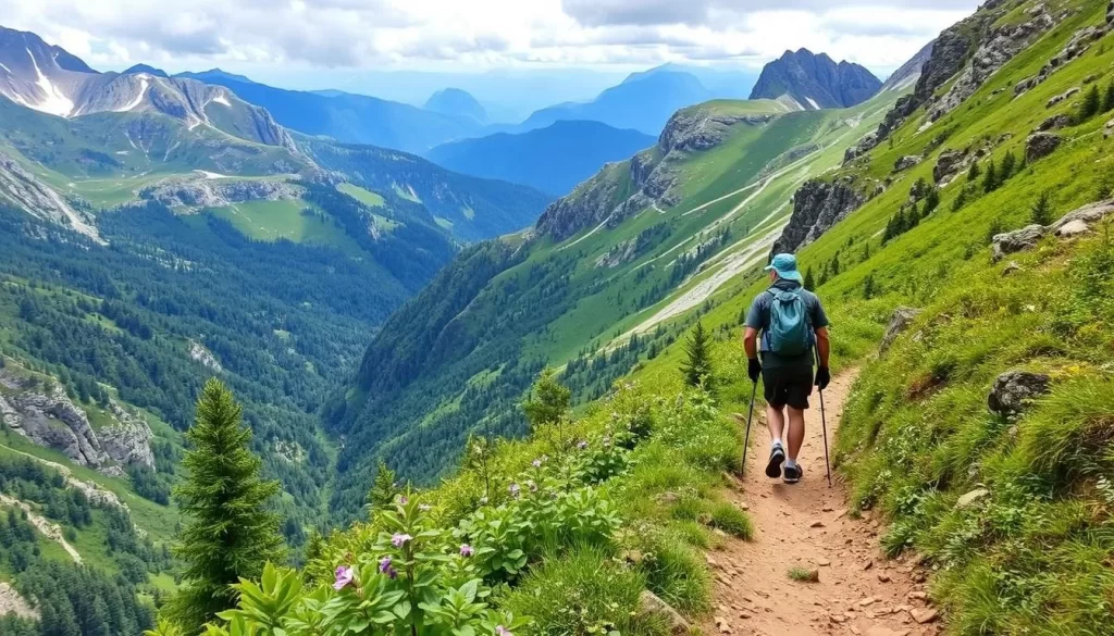 Image generation prompt: A hiker on the Green Ring Hike trail with breathtaking mountain views