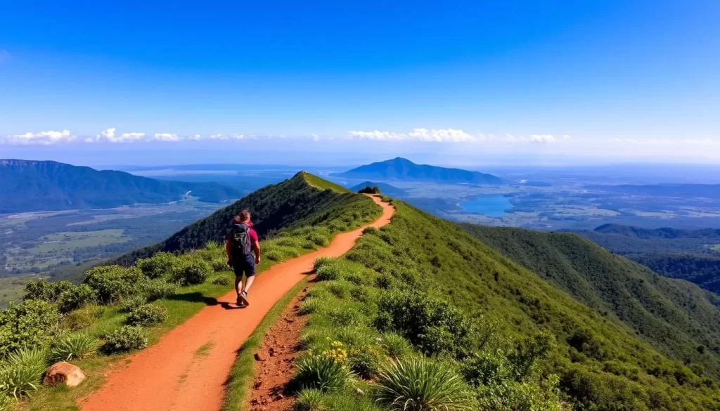 Image generation prompt: A hiker walking through a scenic trail in South Island National Park, Kenya