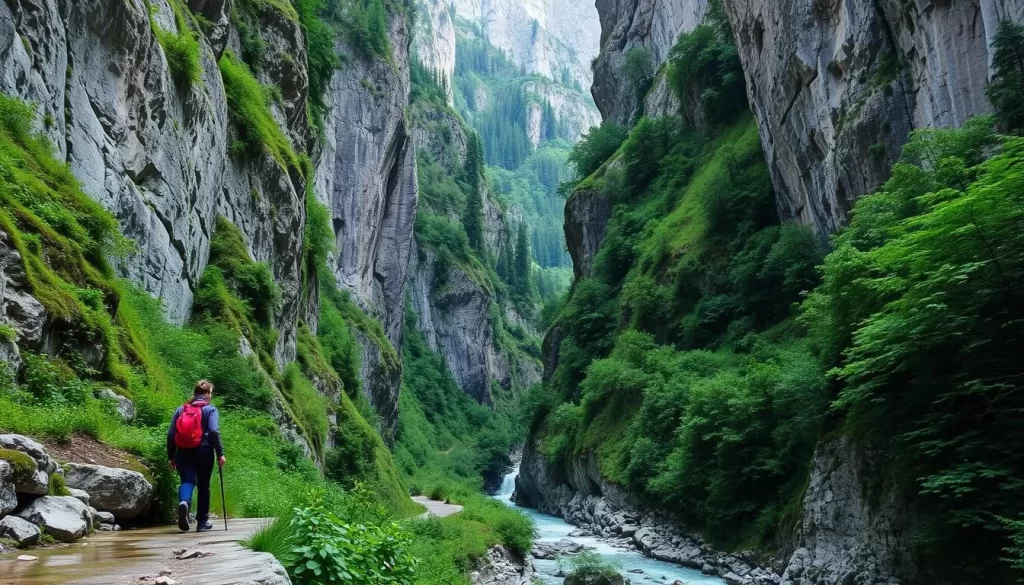 Image generation prompt: A hiker walking through the Kaiserklamm Gorge, surrounded by lush greenery and dramatic limestone cliffs.
