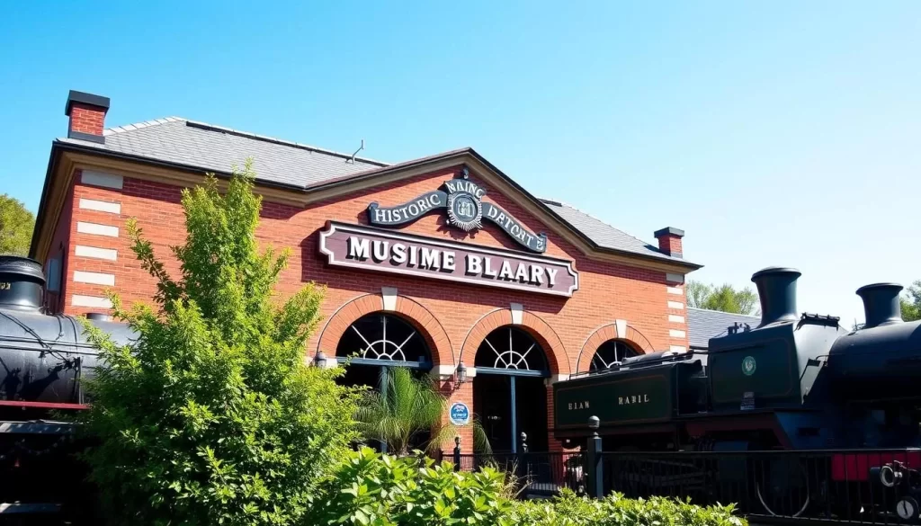 Image generation prompt: A historic train depot building with a museum sign