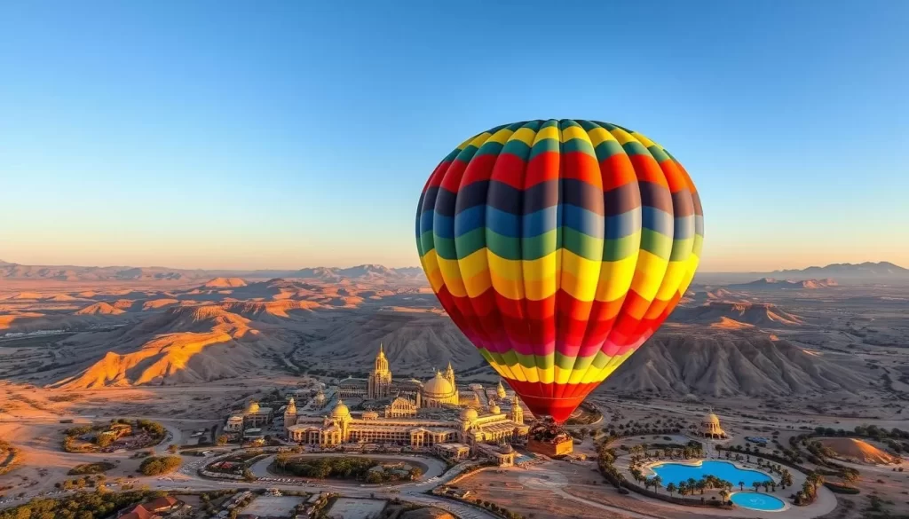 Image generation prompt: A hot air balloon floating above the Sun City resort, capturing the majestic view of the landscape below.