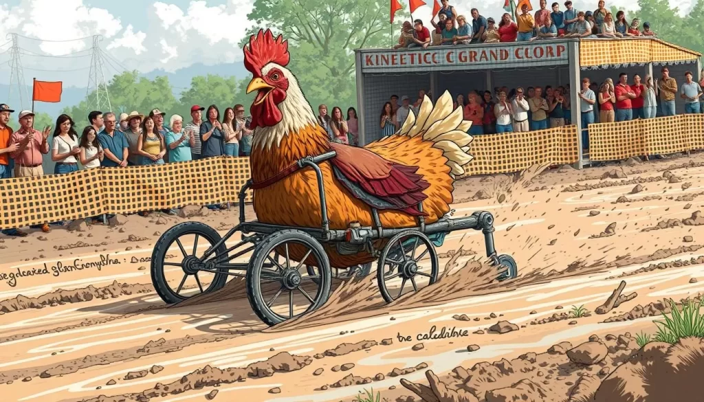 Image generation prompt: A human-powered vehicle resembling a giant chicken racing on a muddy track during the Kinetic Grand Championship.