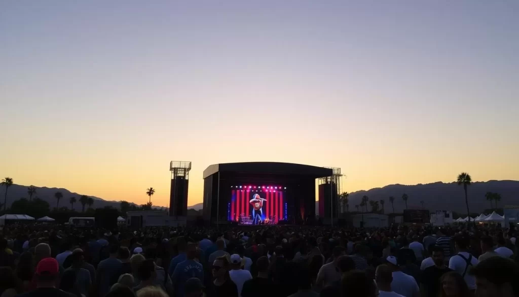 Image generation prompt: A large crowd at the Coachella Valley Music and Arts Festival with a stage in the background featuring a live performance.