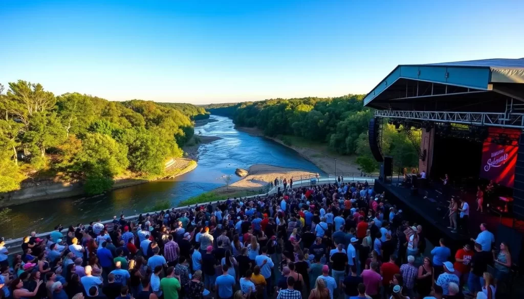 Image generation prompt: A large crowd enjoying a concert at the Tuscaloosa Amphitheater, with the Black Warrior River in the background.