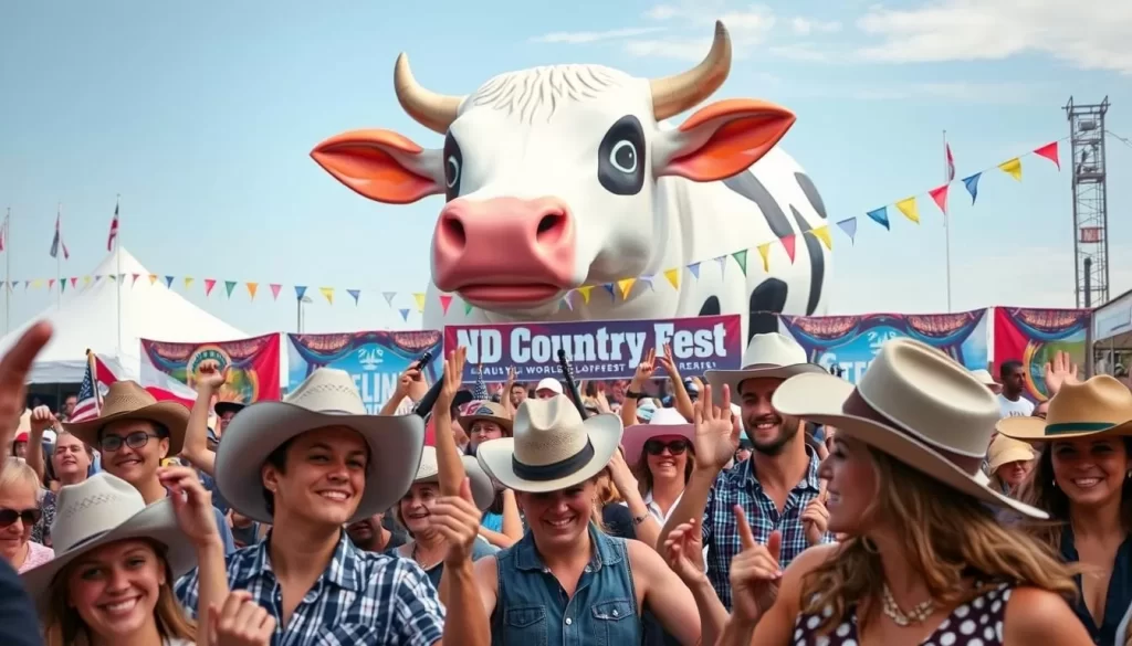 Image generation prompt: A large crowd enjoying a country music performance at ND Country Fest under the iconic "Salem Sue," the World's Largest Holstein Cow.
