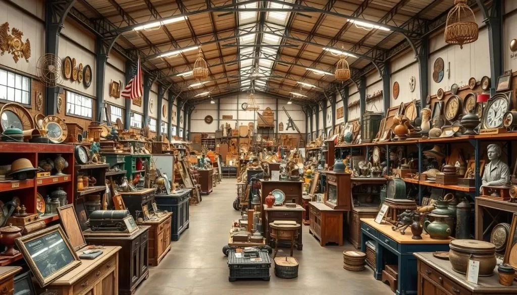 Image generation prompt: A large warehouse with various antique items and memorabilia from the "American Pickers" TV show.