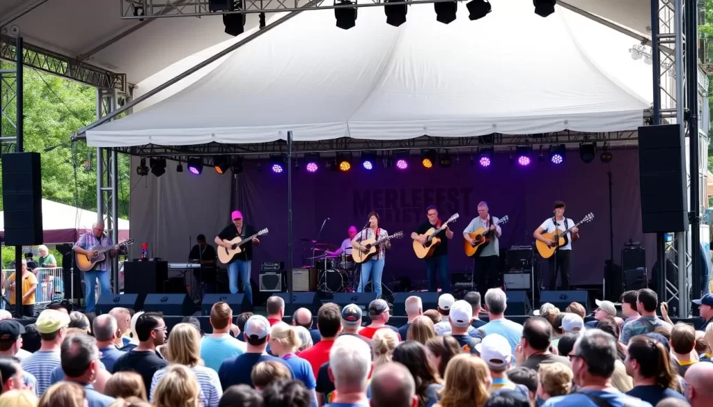 Image generation prompt: A lively outdoor stage with multiple musicians performing at MerleFest in Wilkesboro, NC.