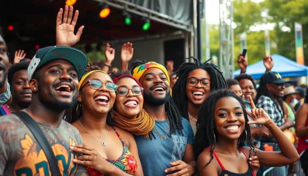 Image generation prompt: A lively scene of people enjoying music at The People's Festival: A Tribute to Bob Marley in Wilmington, DE.
