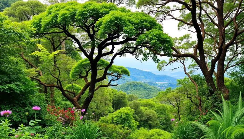 Image generation prompt: A lush green forest with a variety of flora and fauna, and a scenic viewpoint in the background.