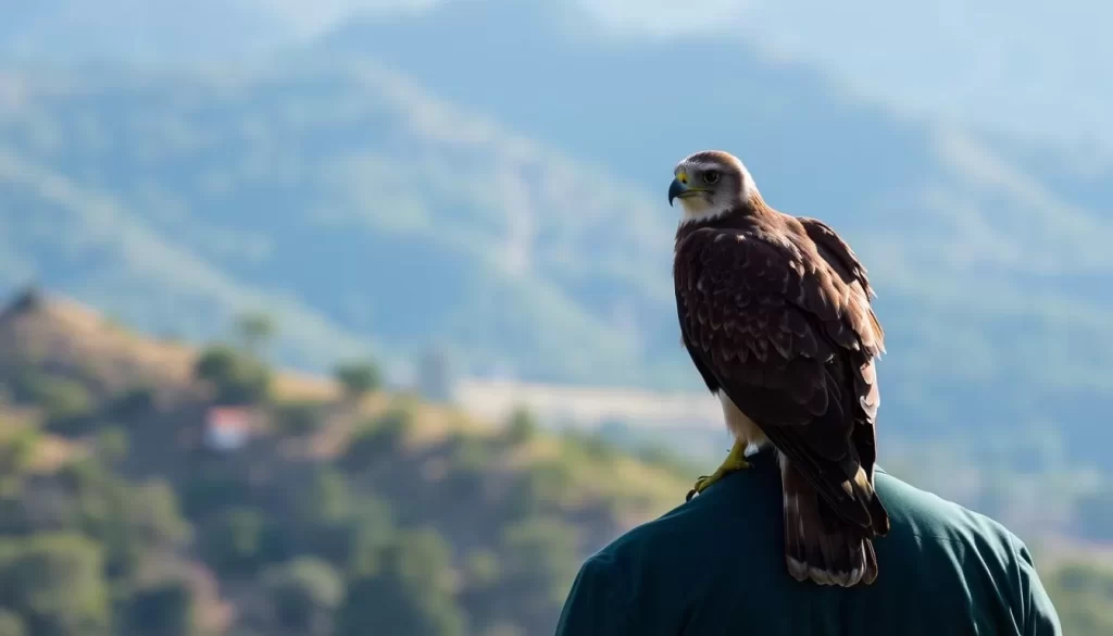 Image generation prompt: A majestic bird of prey perched on a handler's arm at the Falconry of Kenya