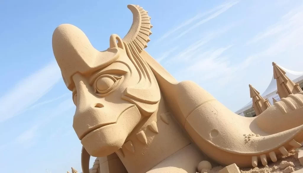 Image generation prompt: A massive sand sculpture at the Atlantis Rising International Sand Sculpture Competition held at Ninigret Park.
