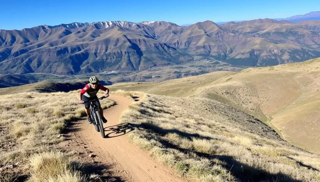 Image generation prompt: A mountain biker riding down a trail in Park City with a scenic mountain background