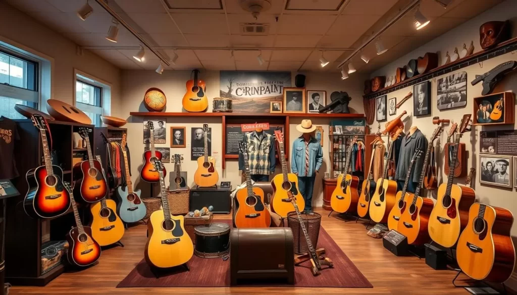 Image generation prompt: A museum with country music memorabilia displays