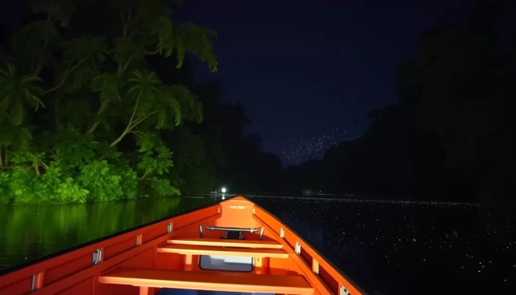 Image generation prompt: A nighttime boat tour on the river in Kota Tinggi Firefly Park with fireflies lighting up the surroundings.