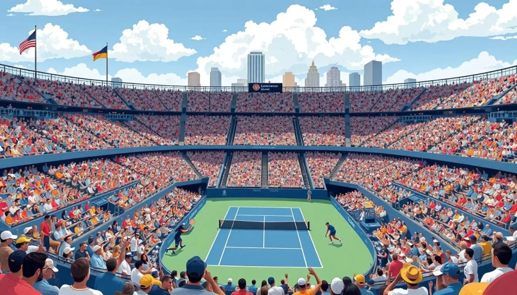 Image generation prompt: A packed stadium at the US Open Tennis Championships in New York, with players competing on the court.