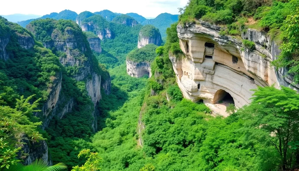 Image generation prompt: A panoramic view of Niah National Park's limestone caves and lush surroundings.