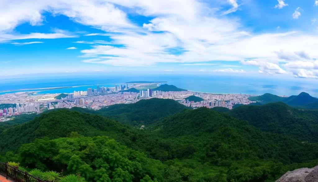 Image generation prompt: A panoramic view of Penang from the summit of Penang Hill