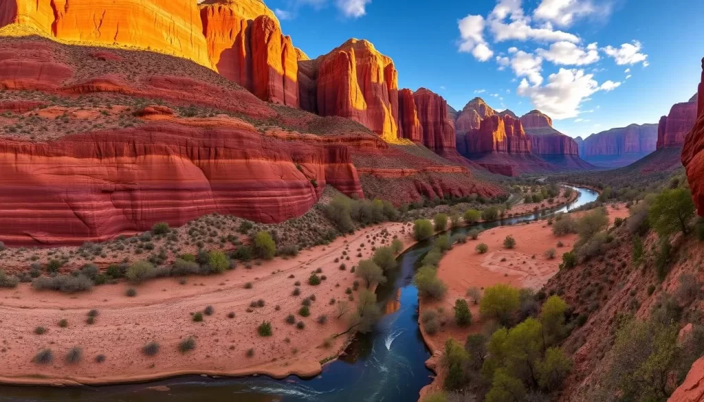 Image generation prompt: A panoramic view of Zion National Park's red rock formations and the Virgin River
