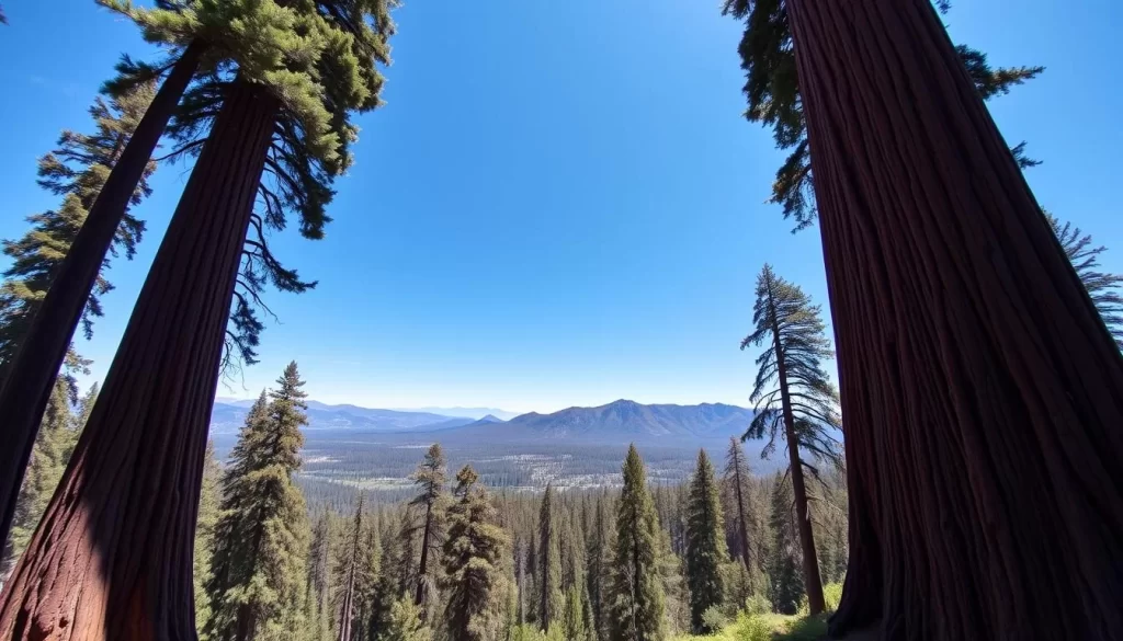 Image generation prompt: A panoramic view of giant sequoias in Sequoia National Park