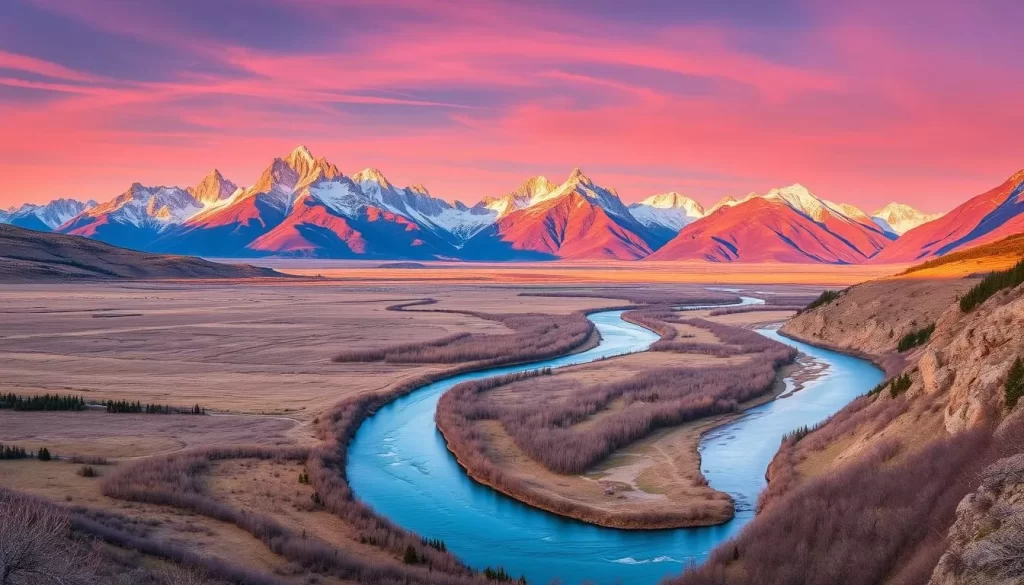 Image generation prompt: A panoramic view of the Teton Range with the Snake River in the foreground.