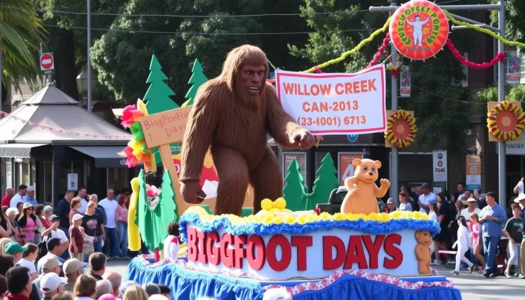 Image generation prompt: A parade float featuring Bigfoot during the Bigfoot Days celebration in Willow Creek.