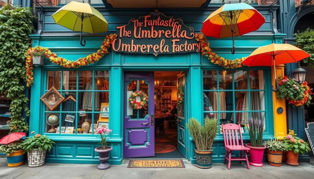 Image generation prompt: A photo of the Fantastic Umbrella Factory's eclectic storefront with its vibrant colors and unique decor.