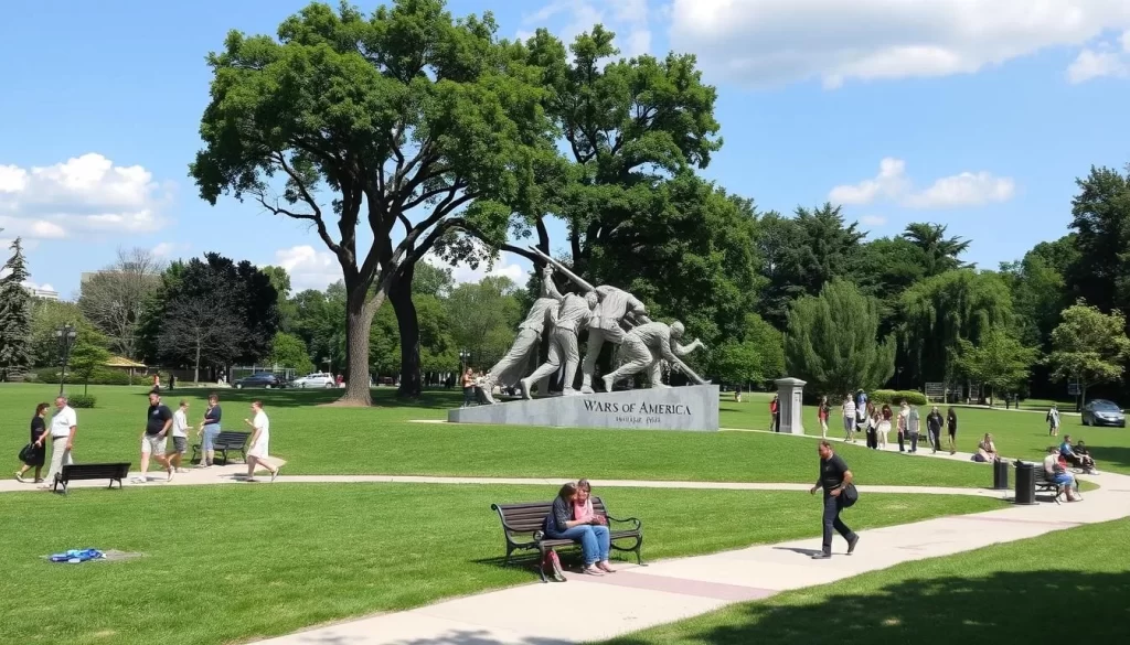 Image generation prompt: A picturesque view of Military Park with the Wars of America sculpture in the foreground and people enjoying the park's amenities.