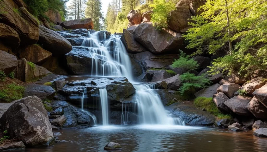 Image generation prompt: A picturesque waterfall in the Black Hills with a tranquil environment.