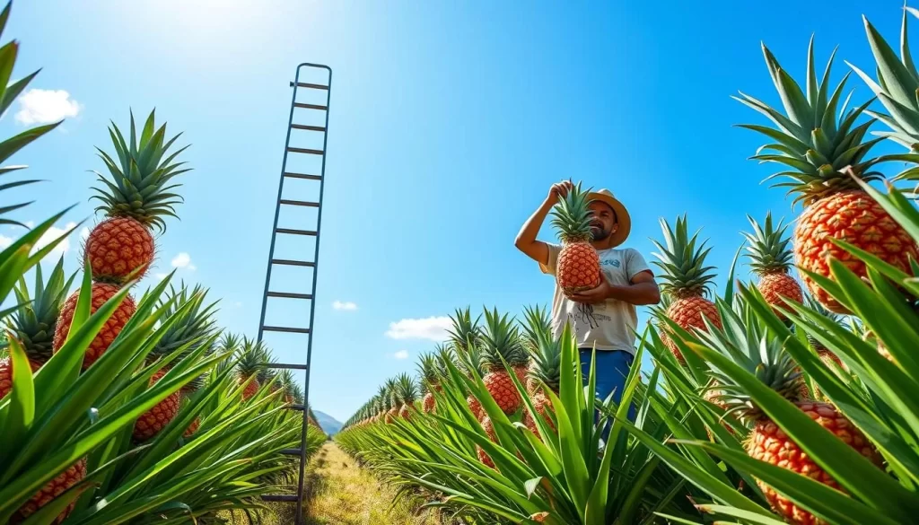 Image generation prompt: A pineapple farm with a sky ladder, fresh pineapples, and a farmer tending to the crops.