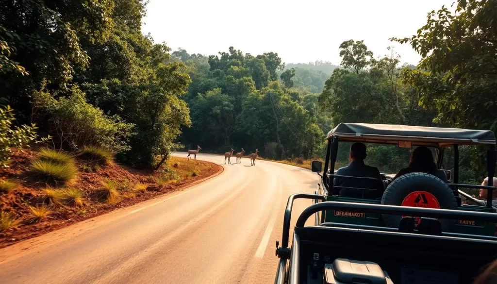 Image generation prompt: A safari drive in Deramakot Forest Reserve with a vehicle on a forest road surrounded by dense foliage and wildlife in the distance.
