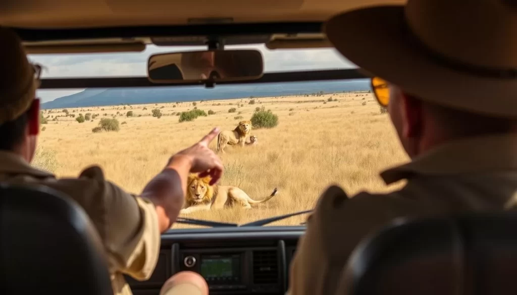 Image generation prompt: A safari vehicle in the Pilanesberg National Park with a guide pointing at a pride of lions in the savannah.