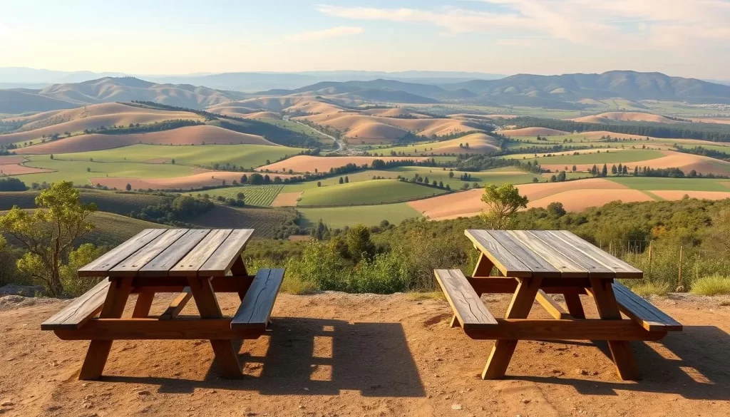 Image generation prompt: A scenic overlook with picnic tables, looking out over a cultivated landscape with rolling hills.