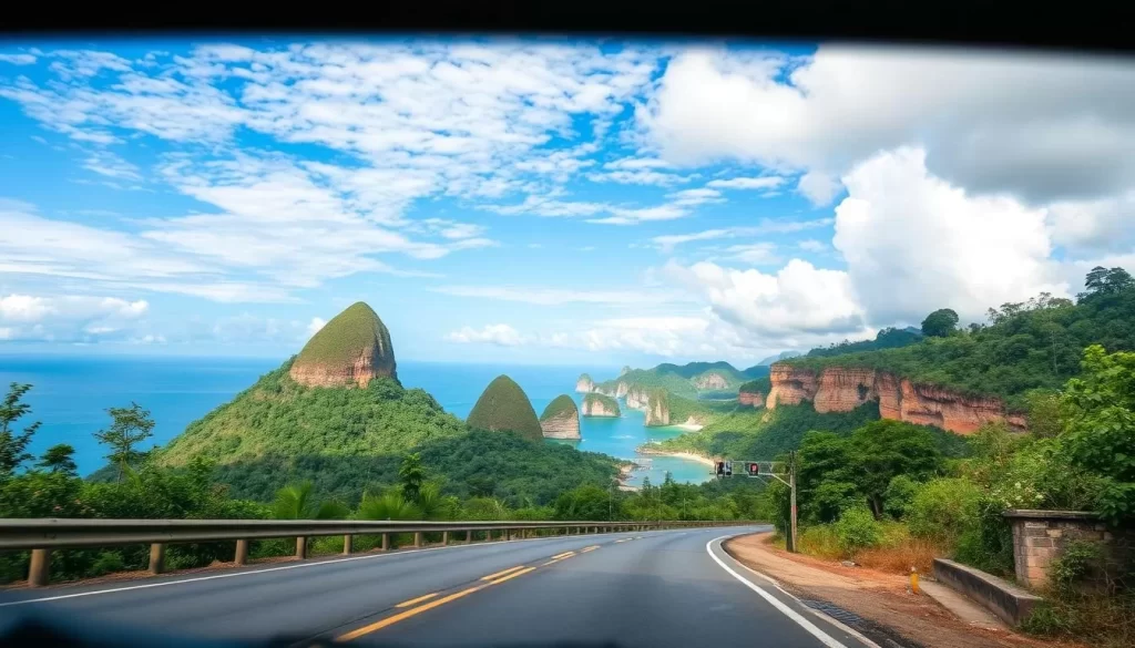 Image generation prompt: A scenic road trip from Miri to Niah Caves and Tusan Beach, showcasing the Malaysian landscape.