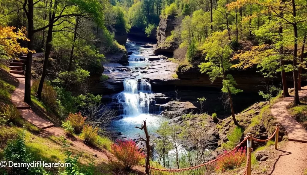 Image generation prompt: A scenic view of DeSoto State Park with hiking trails and a waterfall