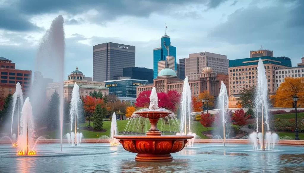 Image generation prompt: A scenic view of Kansas City with a mix of seasonal elements, such as fountains in the foreground and a backdrop of changing foliage or holiday lights.