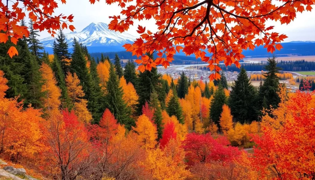 Image generation prompt: A scenic view of Washington state during fall, with vibrant foliage and a cozy atmosphere.