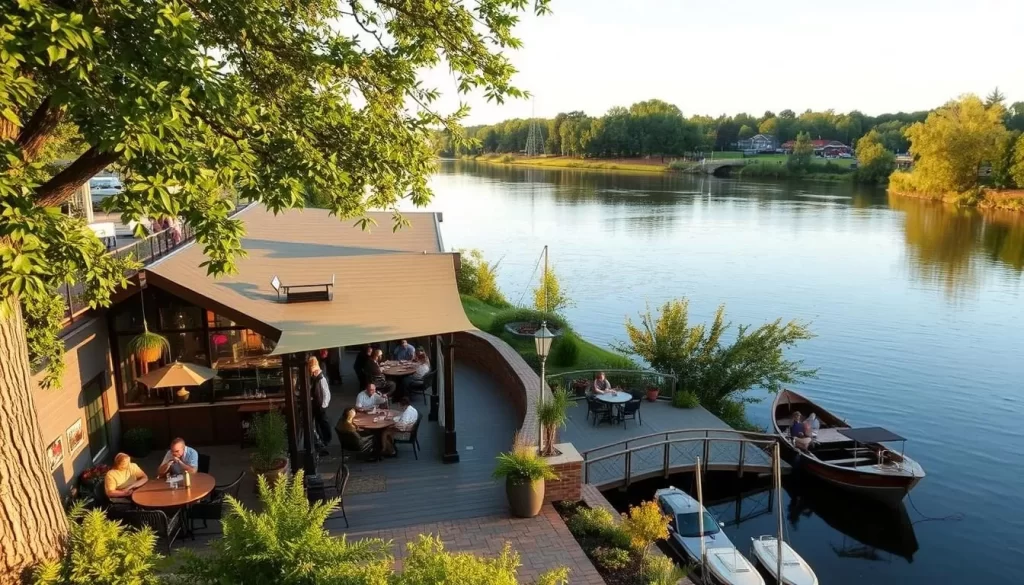 Image generation prompt: A scenic view of a restaurant situated on the riverside in Bellevue, Iowa