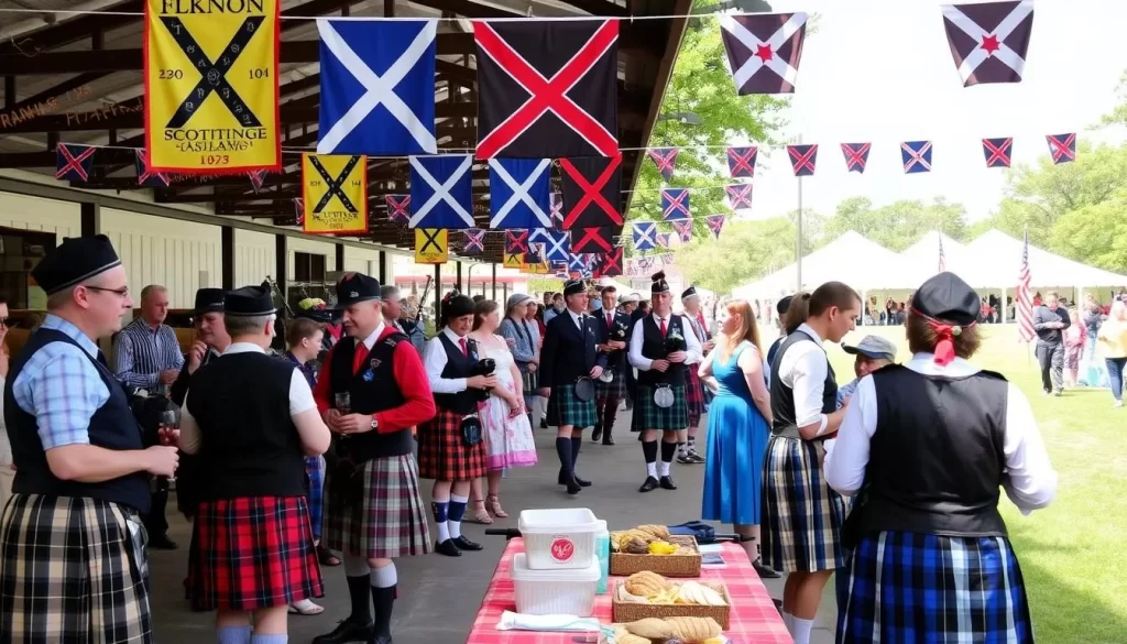 Image generation prompt: A scenic view of the Arkansas Scottish Festival at Lyon College with people in Scottish attire participating in competitions and enjoying traditional Scottish food.