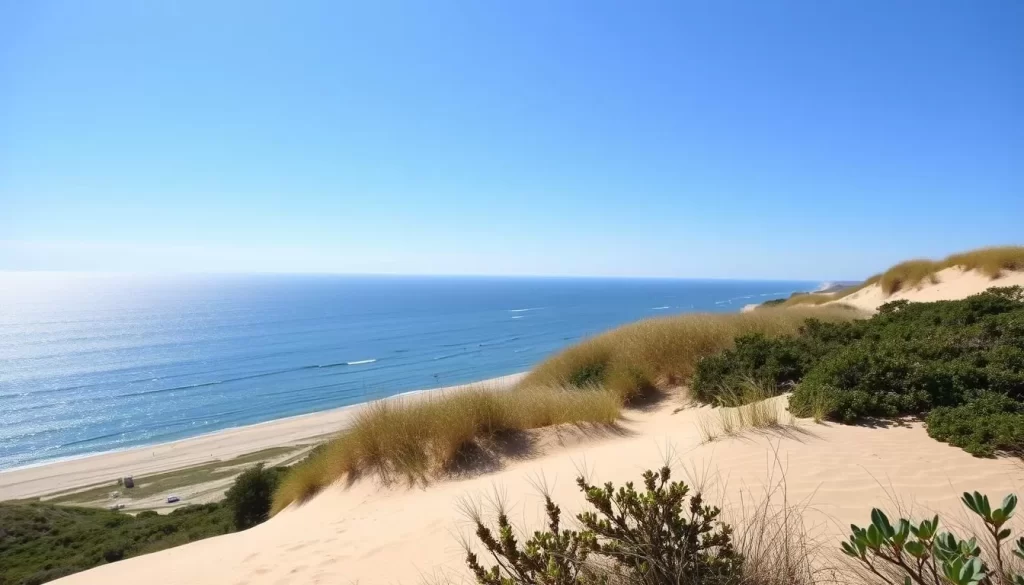Image generation prompt: A scenic view of the Indiana Dunes National Park with Lake Michigan in the background.