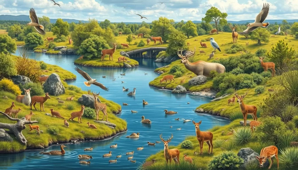 Image generation prompt: A scenic view of the Key Cave National Wildlife Refuge with a variety of wildlife.