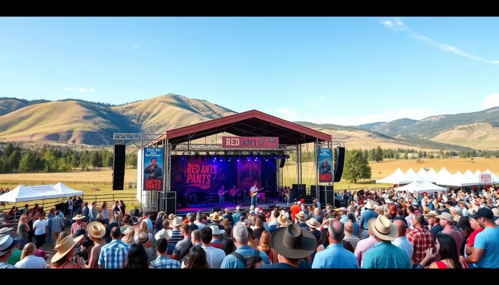 Image generation prompt: A scenic view of the Red Ants Pants Music Festival on a working ranch with a stage and attendees.
