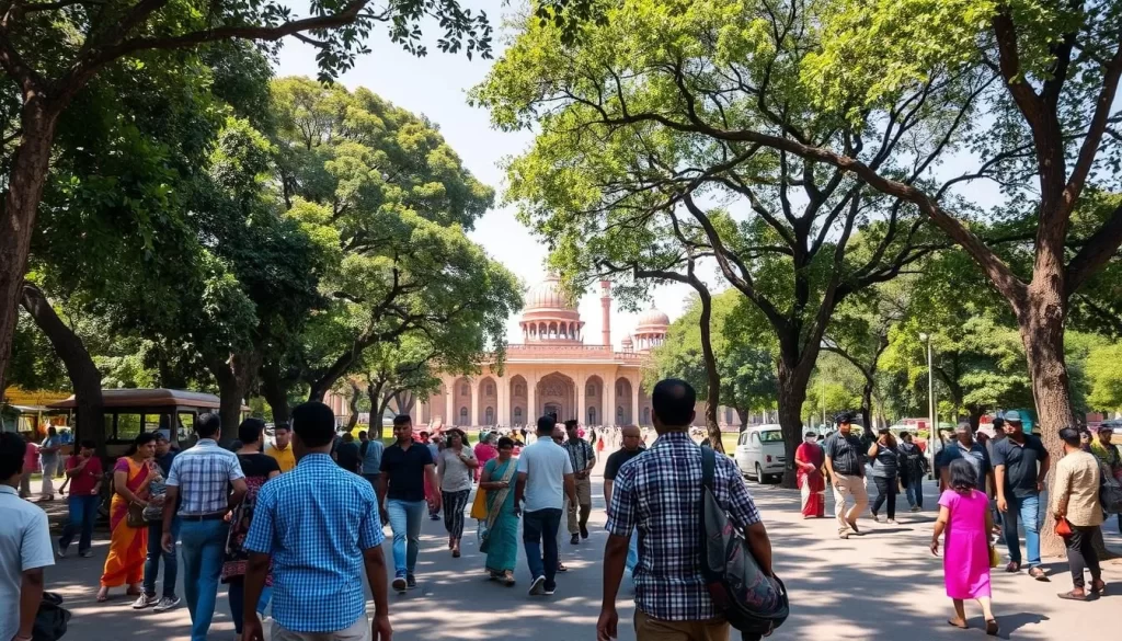 Image generation prompt: A scorching summer day in Chandigarh with people seeking shade.