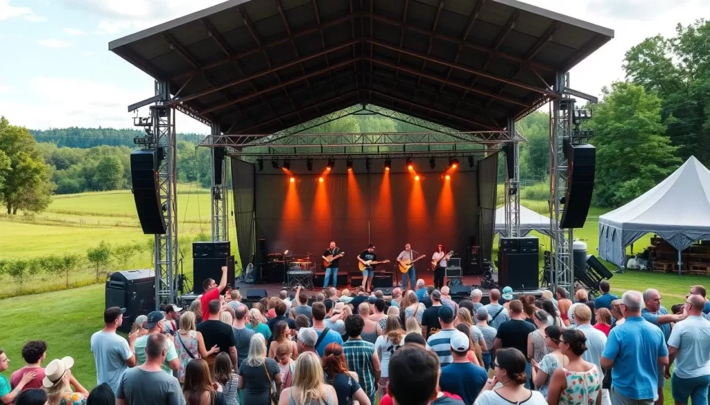 Image generation prompt: A serene and natural setting at Pendarvis Farm, with multiple stages and festival-goers enjoying live music amidst the beautiful surroundings.