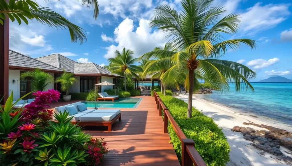 Image generation prompt: A serene beachfront resort on the Perhentian Islands with comfortable rooms and lush greenery.