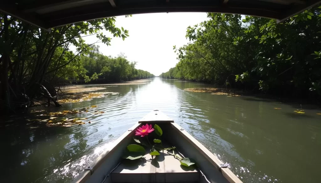 Image generation prompt: A serene boat ride through the mangroves of Mida Creek