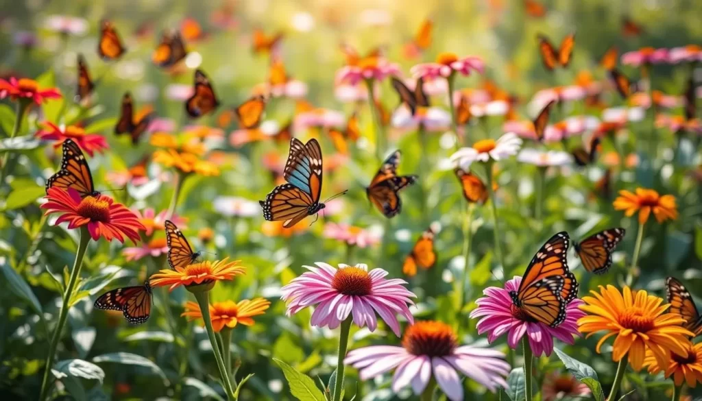Image generation prompt: A serene butterfly farm in Cameron Highlands with various butterfly species flying around flowers.