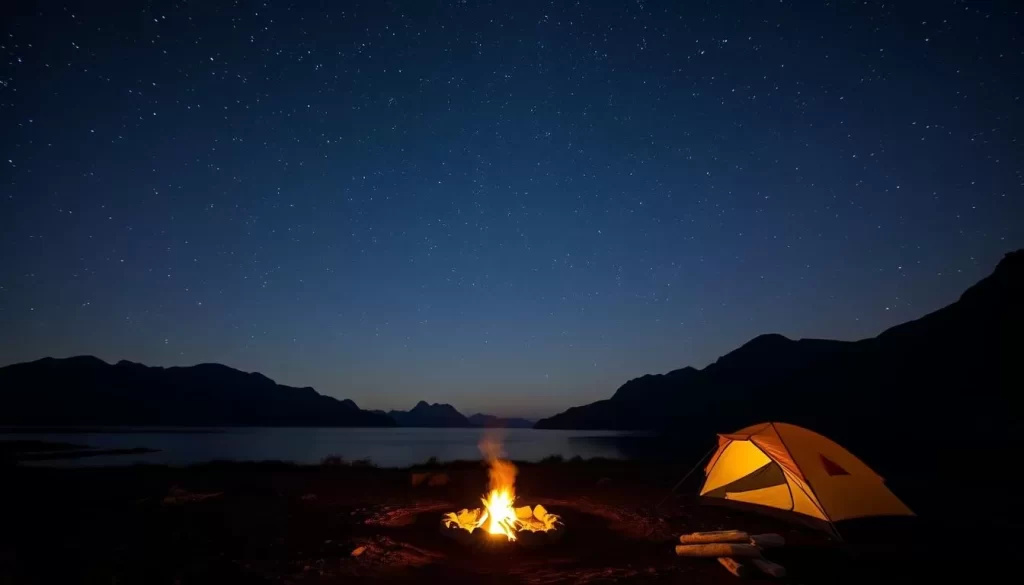 Image generation prompt: A serene camping scene on Central Island National Park with a clear night sky.