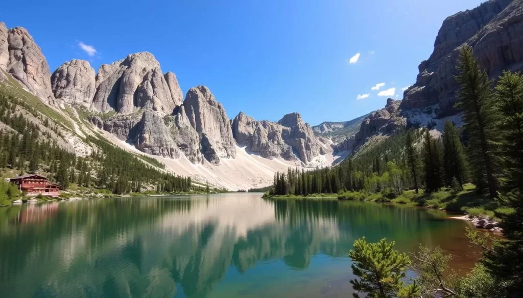 Image generation prompt: A serene lake surrounded by granite formations in Custer State Park.
