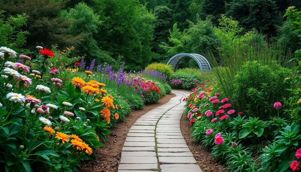 Image generation prompt: A serene pathway in Lauritzen Gardens, Omaha, with vibrant flowers and lush greenery